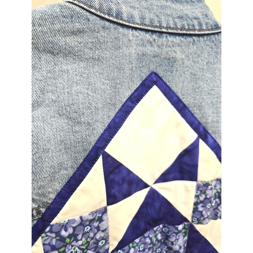 Upcycled Denim Jean Jacket Womens XL Blue Quilt Square Coastal Grandma Folk Art